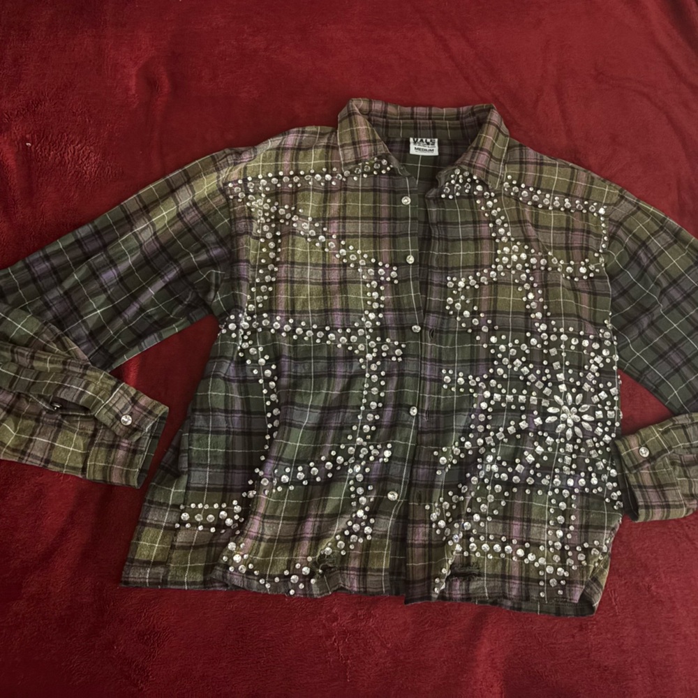 VALE Embellished Plaid Button-Up Shirt in Olive and Purple - Picture 3 of 8